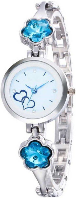 Analog Watch - For Girls Unique Choice Heart Print Silver Ladies Sky blue Crystal Diamond Analog