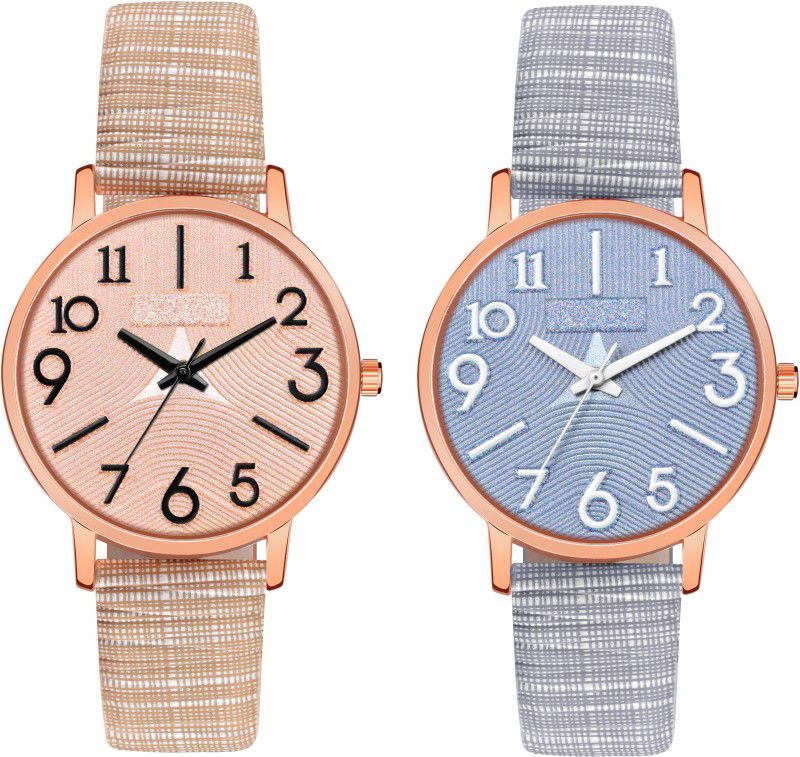 Peach & Blue Leather Belt Round Dial Girls Analog Watch - For Women WH-349-350