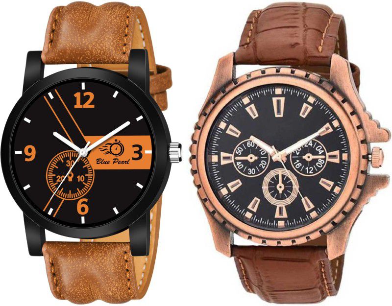 Analog Watch - For Men New Stylish Designer Black Dial and Bown Strap (Combo Set of 2)