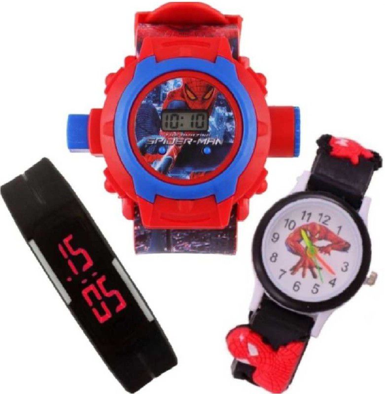 Beautiful Combo (Pack Of 03) Black Pipe Spider-Man & Spider Man Projector 24 Crids Kids Watch & Boys Watch - For Boys Digital Watch - For Boys & Girls Kids