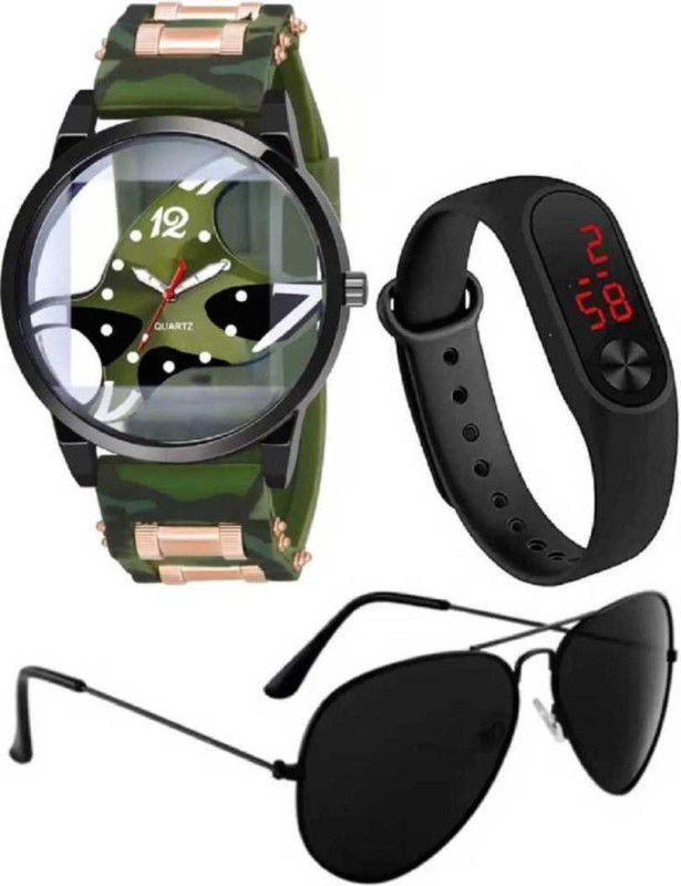 Analog Watch - For Boys & Girls New Combo ( 2021 ) Today Generation New Demand For Men's & Boy's Watch-Sunglass- Green Analog Round Dial + Digital Silicone Strap + Aviator Sunglass UV Protection Analog Watch - For Boys & Girls
