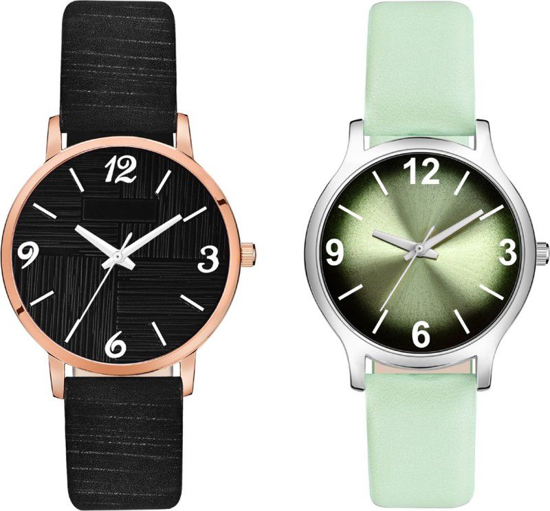 Unique Graphic Design Dial And Genuine Leather Strap Pack Of 2 Analog Watch - For Girls MT351320