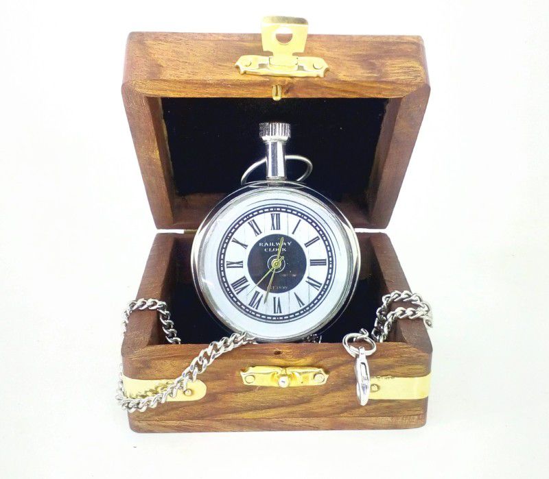 V A Antiques VA Antiques Chained Pocket Watch Chrome Color Packed in Wooden Box with White Dial Size 4.5 cm (Diameter) VA_MN1049 Silver Plated Brass Pocket Watch Chain