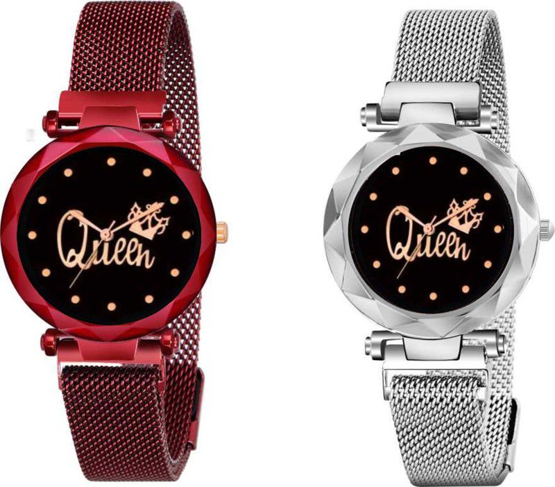Analog Watch - For Girls Queen Dial Red And Silver Luxury Mesh Magnet Buckle Fashion Mysterious Lady Analog Watch for girls and women