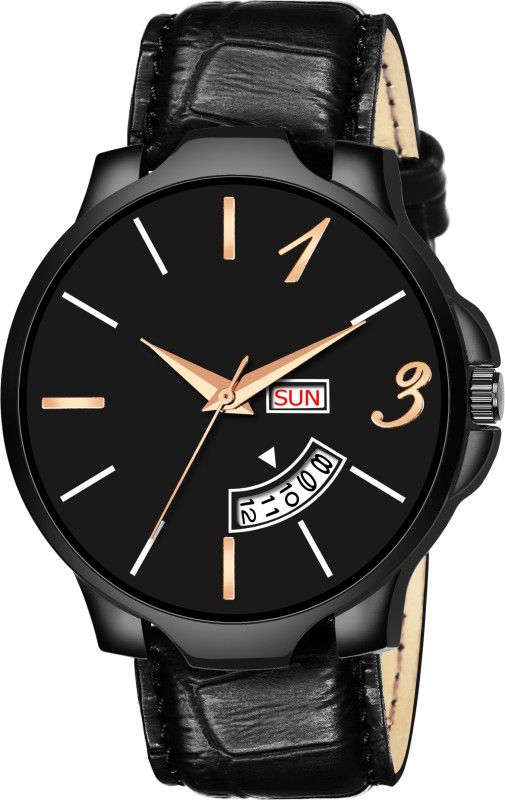 New Stylish Black Round Dial Leather Straps Day and Date Working Quartz Analog Watch Analog Watch - For Men DDS-65