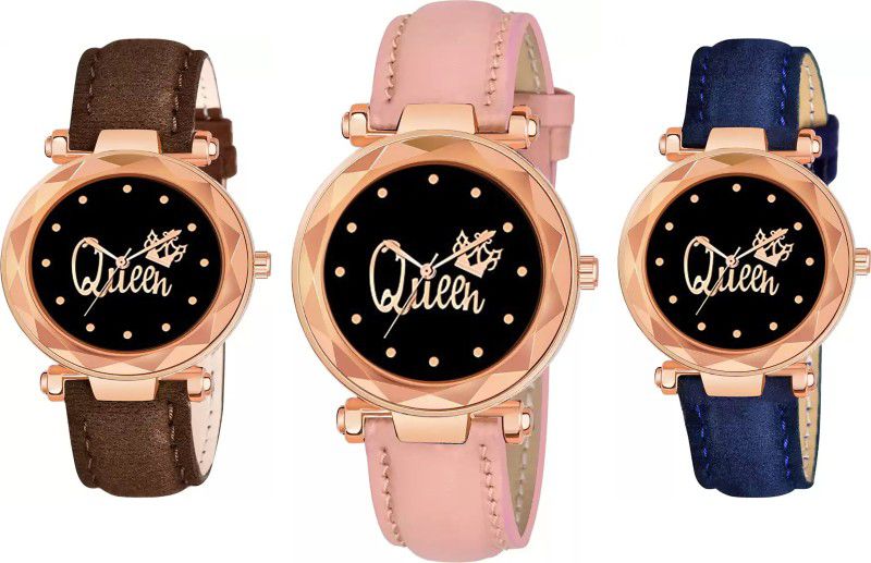 Stylish Diamond Cut Queen Dial Analog Watch - For Girls Attractive Stylish Queen Dial Exclusive Leather Belt Analog Watch Combo