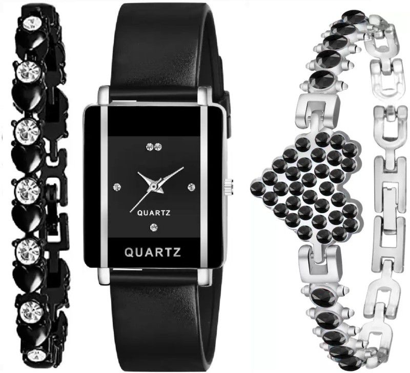 Analog Watch - For Girls SW-353 New Combo Of Black Square Dial Silicone & 2 Bracelet For Women