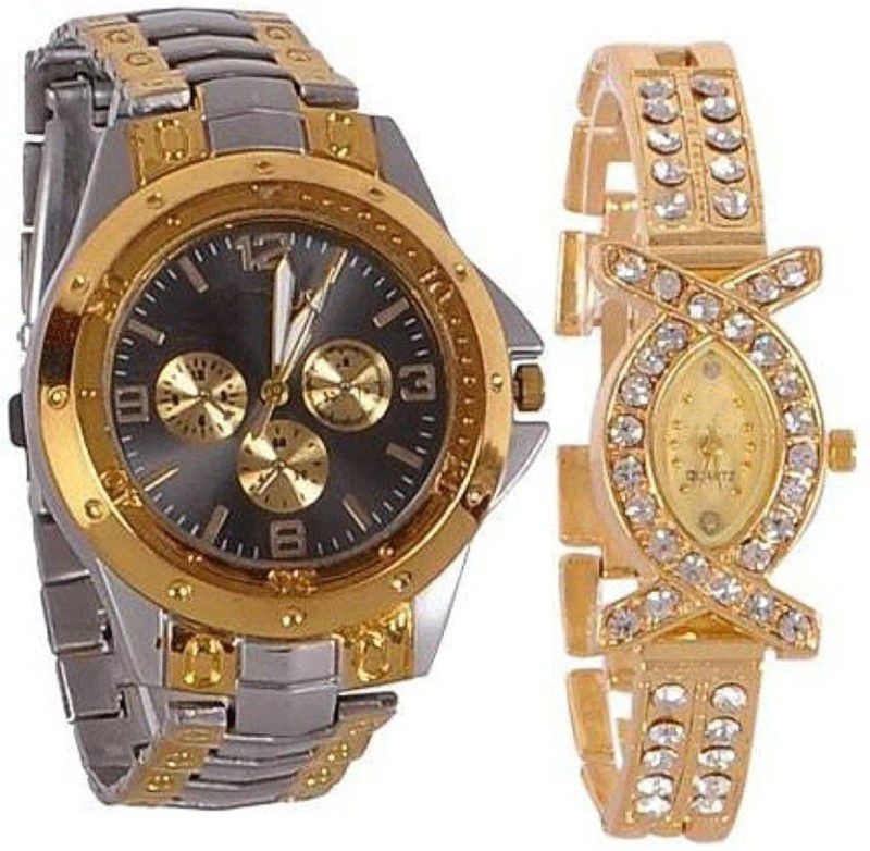 Watches::Girls Watches::Boy Watches Analog Watch - For Couple Gold Silver Black Dial Men And AKS Golden Diamond Women Couple Combo Watch For Couple