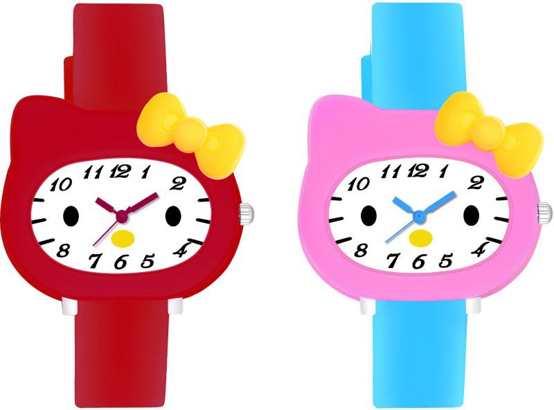 Cartoon Collection Combo Watch For Children Kids Analog Watch - For Boys & Girls Hello Kitty Red And Sky Blue
