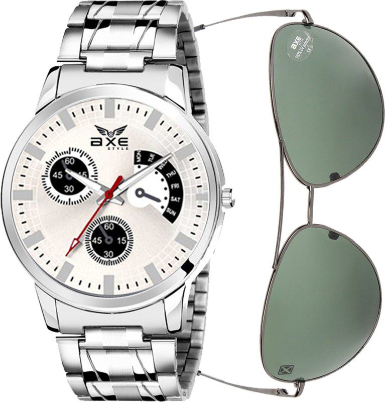 Freebie Sunglass & Boys Watch Gift Packaging Analog Watch - For Men X-1207 Men Stainless Chain Watch For Gents & White Color Dial Men's Watch