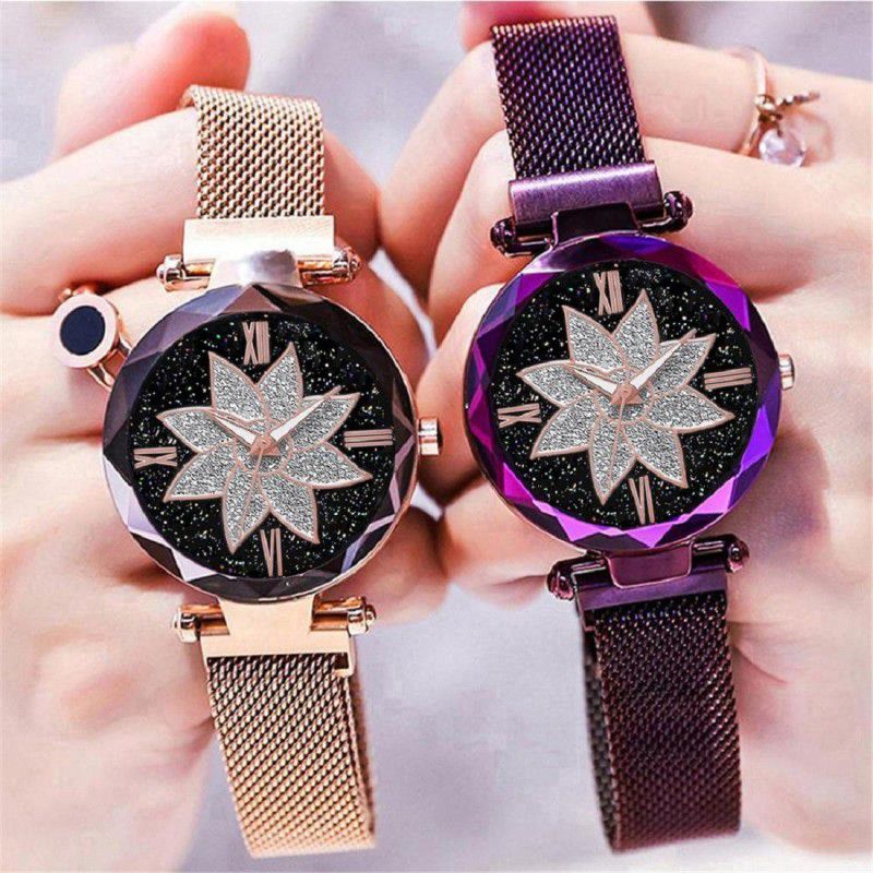 Analog Watch - For Women New stylish Looking Luxury Gold and Purple Color Premium Design Magnet Buckle Starry sky Quartz Watches For Girls Combo Pack of 2 - 21st century Magnetic Chain Belt Analog Watch - For Girls women