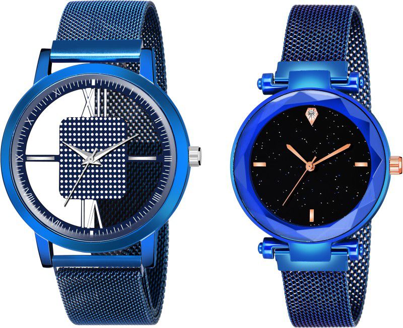 Designer Fashion Wrist Analog Watch - For Couple Luxury Mesh Magnet Buckle Starry sky Quartz Watches For Couple Fashion Mysterious Men Blue Open & 4 Figarl blue Watch For