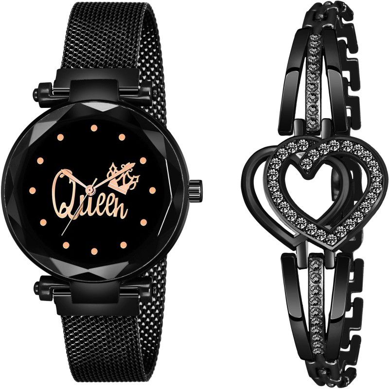 Designer Fashion Wrist Analog Watch - For Girls New Fashion Queen Black dial With Black heart Bracelet Black Maganet Strap