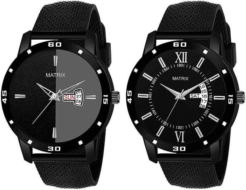 Silicon Mesh Strap Day & Date Functioning Analog Watch - For Men Pair Of 2 Black Analog Day & Date Wrist