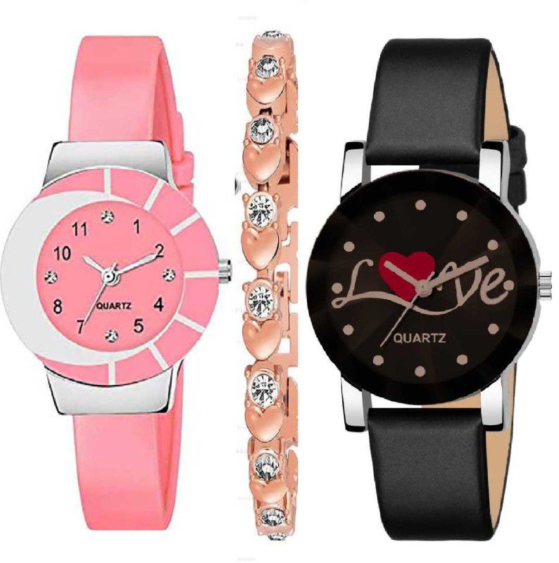 Analog Combo watchs Analog Watch - For Girls New Generation Set Of 03 Attractive Multi Colored Pu Material Strap