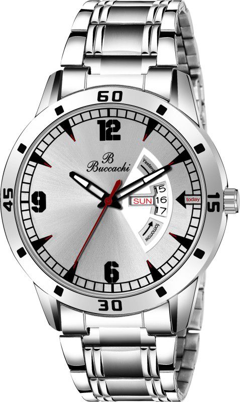 Buccachi White Dial black numbering font Day & Date Functioning Water Resistant Silver color Stainless Steel Strap Bracelet Watch for Men/Boys Analog Watch - For Men B-G5101-WT-CH