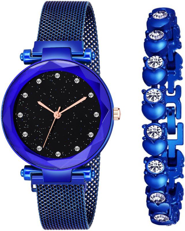 Analog Watch - For Women SW-75 12 Diamonds Blue Magnet Belt Watch and Bracelet New Combo