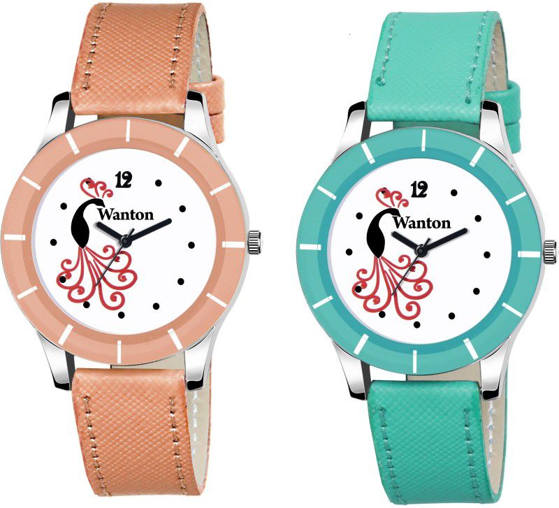 orange and skyblue color leather strap combo of stylish peacock Analog Watch - For Women WN105