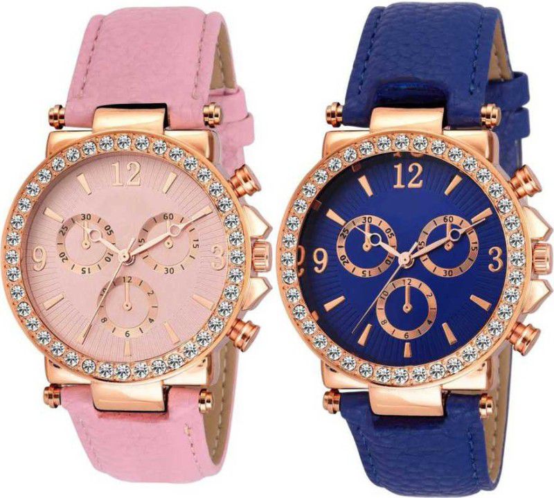Analog Watch - For Girls New Round Designer Pink and Blue Color dial Pink Belt with Diamond Attractive look for girl Watch