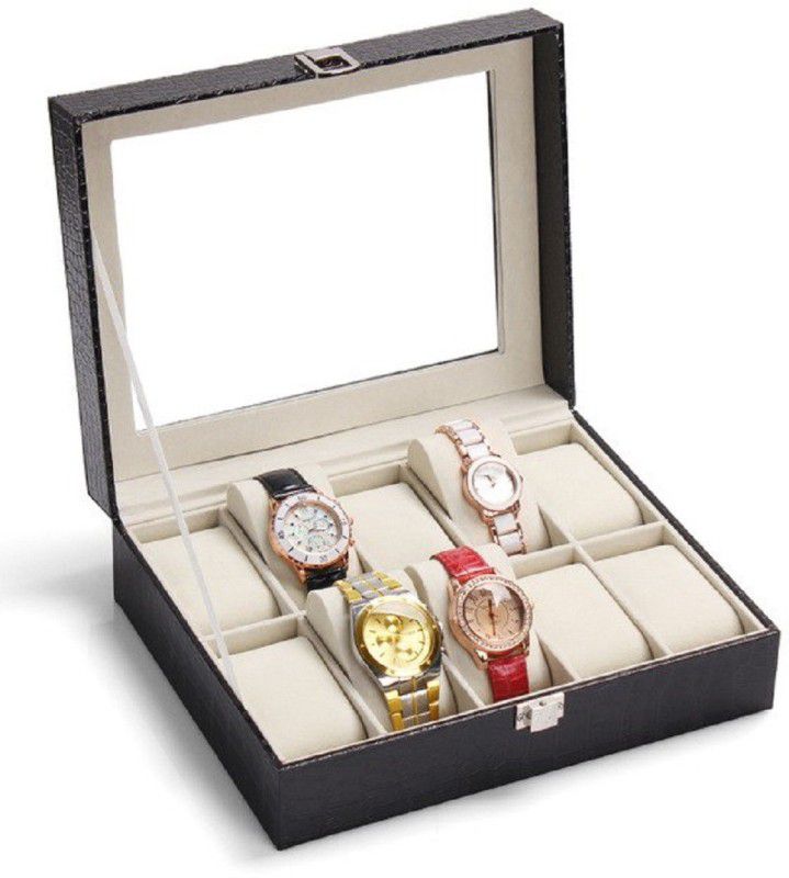 Wrist Watch Organizer case kit Crocodile Pattern -10 Pcs Watch Box (10-Slot Crocodile Black) Watch Box  (Black, Holds 10 Watches)