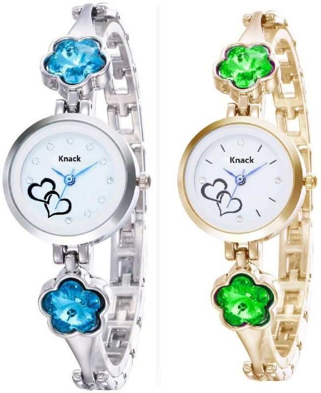 Analog Watch - For Girls Sky Blue and Green Crystal studded Silver and Gold Plated bracelet combo watch for Women