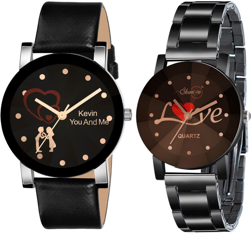 Leather & Stainless Steel Strap Analog Watch - For Girls New Collection Cute Couple & Love Design Black Dial Women Watch Combo Pack of 2