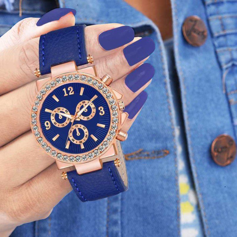 Analog Watch - For Women NEW LUXURY DIAMOND BLUE LEATHER BELT ROUND ANALOGUE DIAL DESIGNER BLUE COLOR WRIST WATCH NEW ARRIVAL FAST SELLING TRACK DESIGNER MOST STYLISH PARTY FASHION MOST UNIQUE DESIGNER DIAL WRIST WATCH