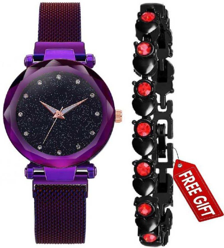 Purple Magnet + Bracelet Analog Watch - For Girls DhananiBrothers Purple Analogue Black Dial Chain Magnet Metal Mesh Belt & Cosmic Bracelet Combo for Girl's