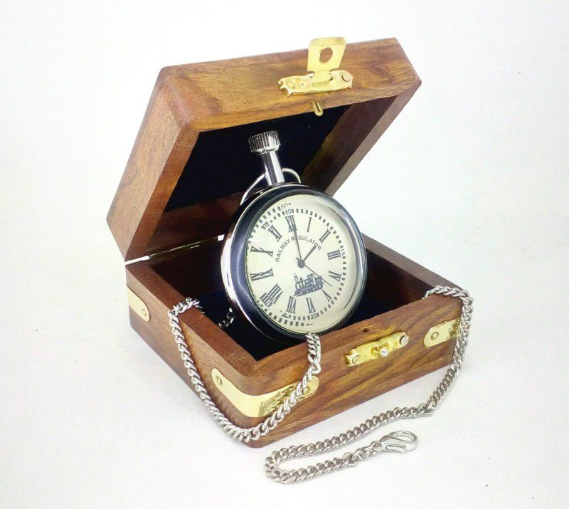 V A Antiques VA Chained Pocket Watch Chrome Color Packed in Wooden Box with White Dial Size 4.5 cm (Diameter) VA_MN1048 Silver Plated Brass Pocket Watch Chain