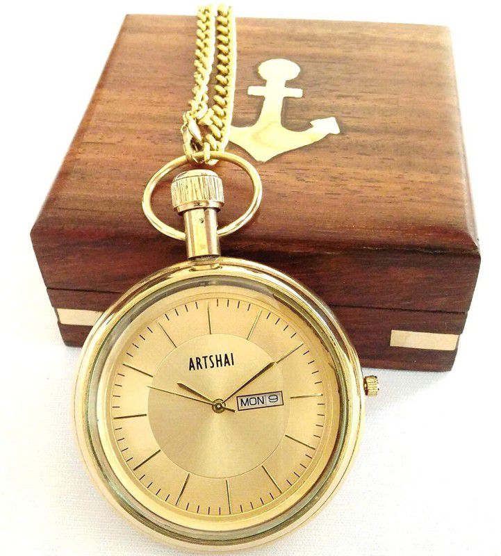 Artshai Golden Pocket Watch with Wooden Box Artshai2839 brass metal Pocket Watch Chain