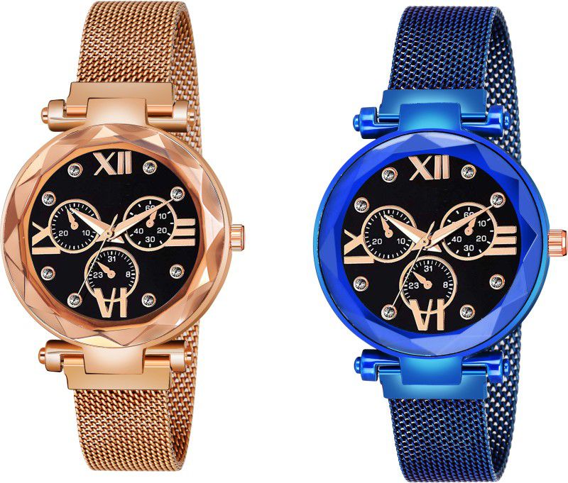 Designer Fashion Wrist Analog Watch - For Girls New Fashion Roman Digit Black Dial Rose Gold & Blue Maganet Strap For Girl