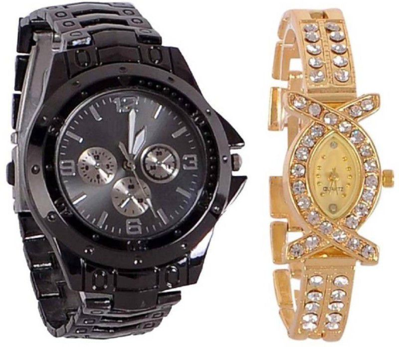 Analog Watch - For Couple Designer Full Black Men And Golden Diamond Women Couple Combo Watch For Couple