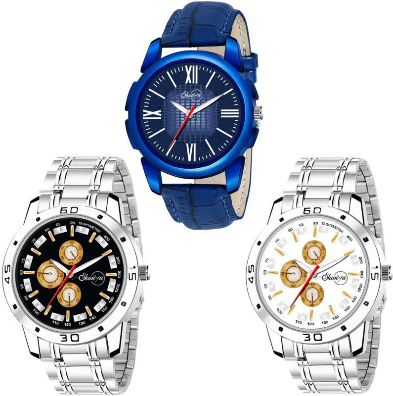 Leather & Stainless Steel Strap Analog Watch - For Boys New Style Chronograph Design Multi Color Dial Men Combo Pack Of 3