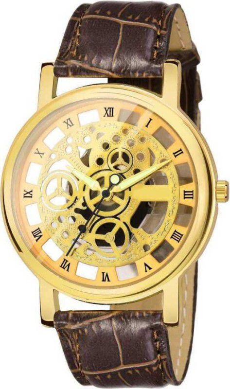 21 CENTURY MADE IN INDIA Analog Watch - For Boys Rro Golden Color 3D Arresting Vintage Style Transparent Carving Skeleton Dial Luxury Openwork Wristwatch Mens Watch and Boys Watch for boys and Children Watch Analog Watch