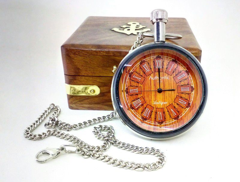V A Antiques Chained Pocket Watch Chrome Color Packed in Wooden Box with Orange Dial Size 4.5 cm (Diameter) VA_MN1047 Silver plated Brass Pocket Watch Chain