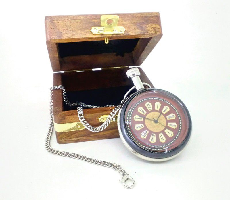 V A Antiques V A Chained Pocket Watch Chrome Color Packed in Wooden Box with Maroon Dial Size 4.5 cm (Diameter) VA_MN1050 Silver Plated Brass Pocket Watch Chain