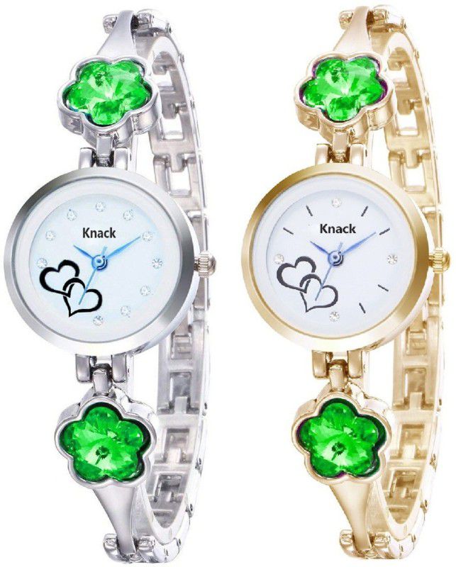 Analog Watch - For Girls Green Crystal studded Silver and Gold Plated bracelet combo watch for Women