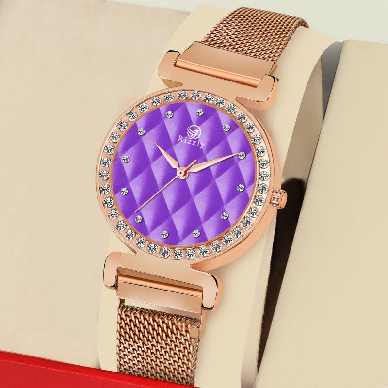 Designer Analog Watch - For Girls 139-Violet Square Diamond Designed For Girls And Women