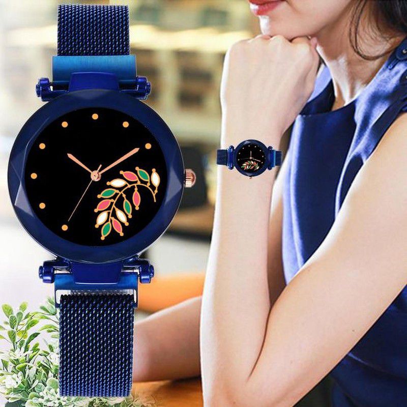 Girls Style Analog Fashion Female Clock with Premium Metal Mash Strap Analog Watch - For Women New latest Flower Dial Blue Magnet Belt