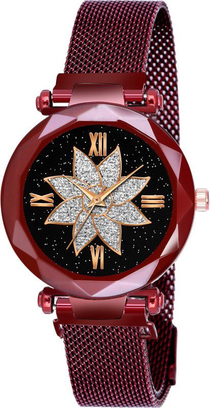 Analog Watch - For Girls Stylish Flower Dial Luxury Red Mesh Magnet Buckle Quartz Watches(473)