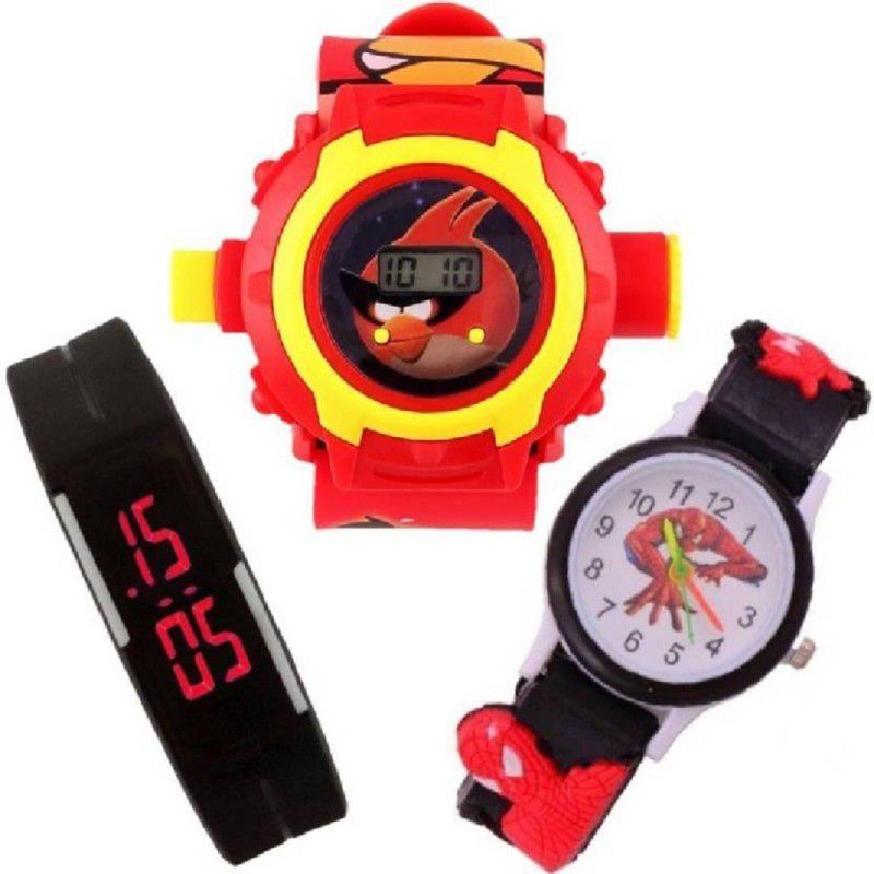 Analog Watch - For Boys Beautiful Combo (Pack Of 3) Black Pipe Spider-Man & Spider Man,Angry Birds Projector 24 Photo Kids