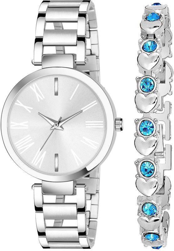 Analog Watch - For Women New Latest Designer Combo Of Silver Dial Stainless Steel Strap and Silver Bracelet