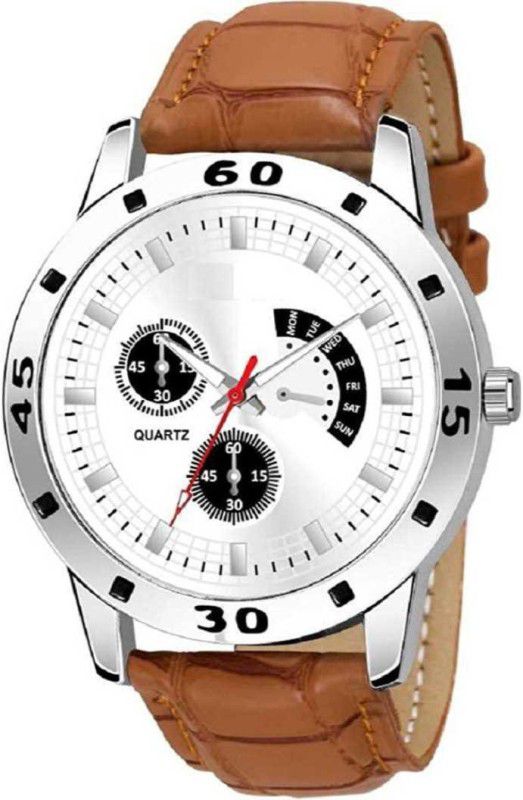 Designer Analog Watch - For Boys Latest chronograph Printed White Dial Stylish Gent Watch for Men Watches for Boys Brown Color Leather Belt