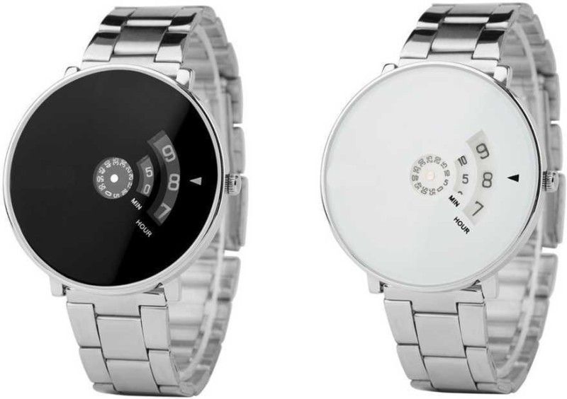 Analog Watch - For Boys & Girls EXCLUSIVE black and white turntable metal strap attractive combo watch for couple and men and women Analog Watch - For Boys & Girls