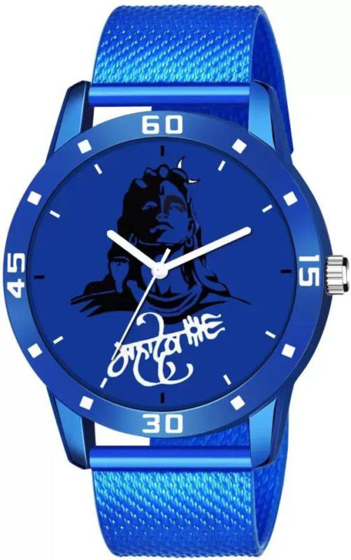 MAHADEV Black dial Black Genuine Leather Strap Analog Wrist Analog Watch - For Men Blue watch