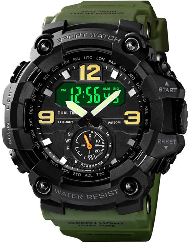 G-88 Green Army Multi Function Analog Digital Sports Watch Analog-Digital Watch - For Men G667 Mark Green Strap New Two N Half Sports
