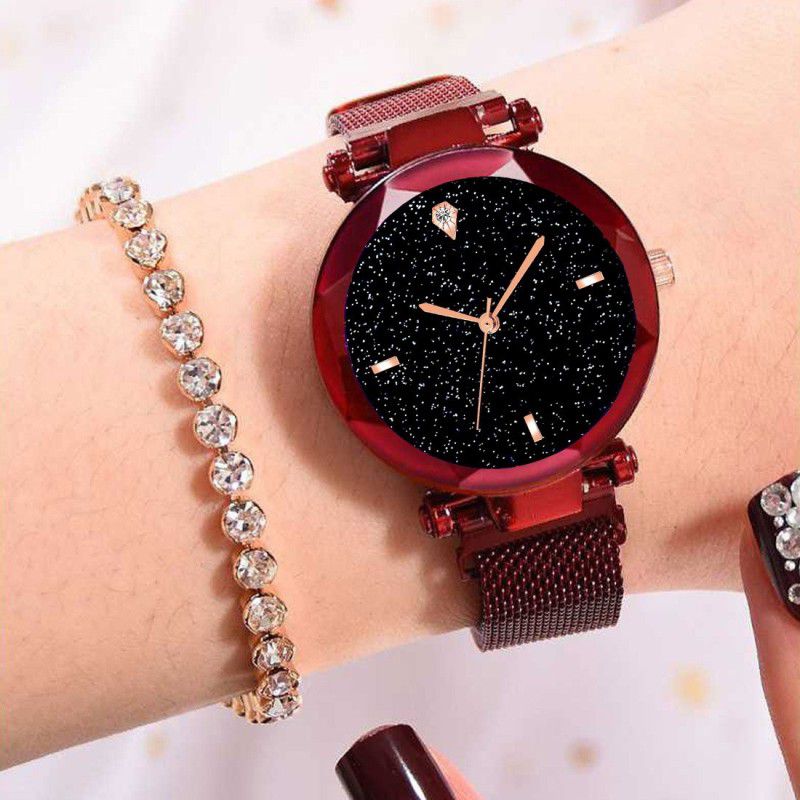 Analog Watch - For Girls Stylish Luxury Red Mesh Magnet Buckle Quartz Watches(452)