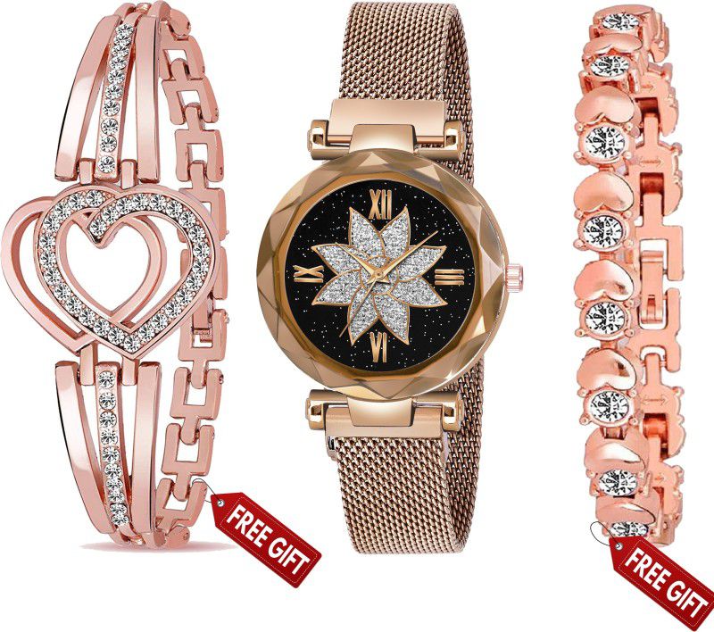 Analog Watch - For Girls Stylish Flower Dial Luxury Golden Mesh Magnet Buckle Quartz Watches(473)