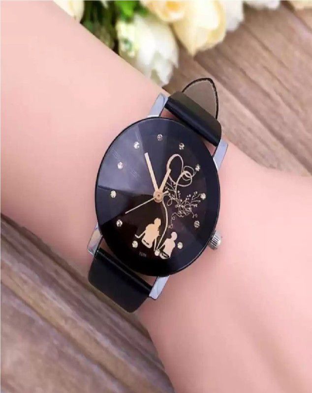 Diamond Cut Glass Couple Black Leather belt watch For Analog Watch - For Girls Prize High Quality Attractive Model Moon Style Fancy Watches New Generation