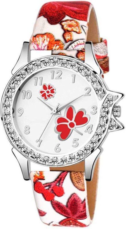 Analog Watch - For Girls Alkh Attractive Red Leather And MultiColor Dial Analog